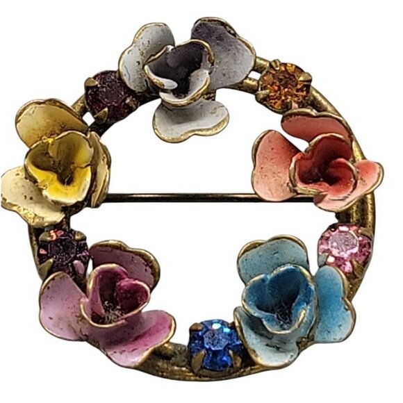 Flower Circle Brooch Multicolor Enamel & Rhinestone Vintage Austria Pin - Picture 1 of 11